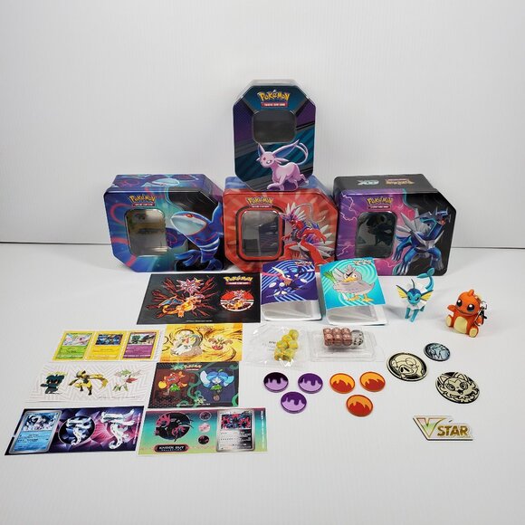 Pokémon TCG Accessories Lot - Tins, Dice, Coins, Mini Figs, Stickers, and More - Picture 1 of 5